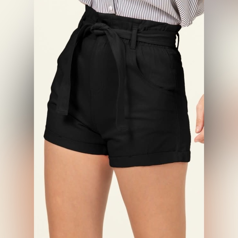 The Kooples Soft Linen High Waisted Tuxedo Stripe Paper Bag Black Shorts size 34